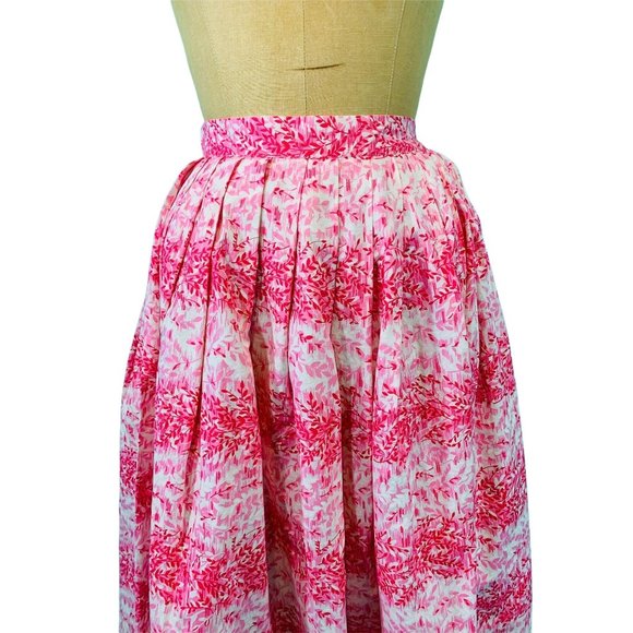 Vintage 50s Pink Skirt Womens XXS Cotton Full Skirt Floral Leaf Print Striped - Picture 4 of 9